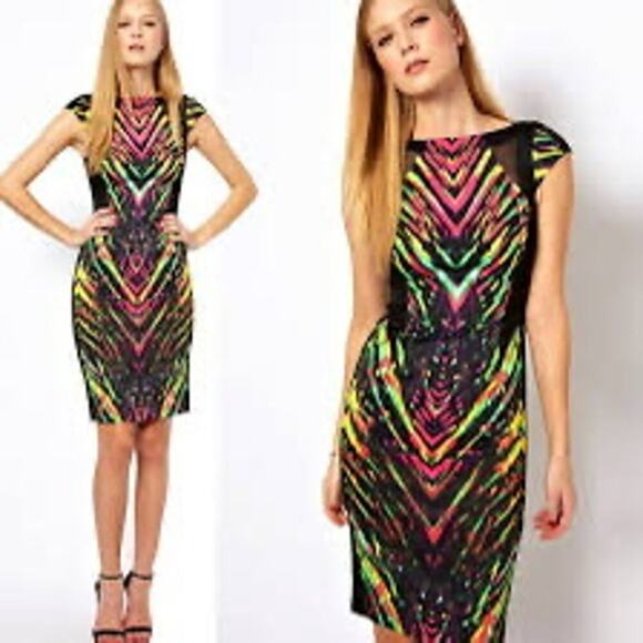 Karen Millen Abstract Tribal Black Dress Celebrity Neon Hot Midi Bodycon Size 8 - Picture 3 of 12